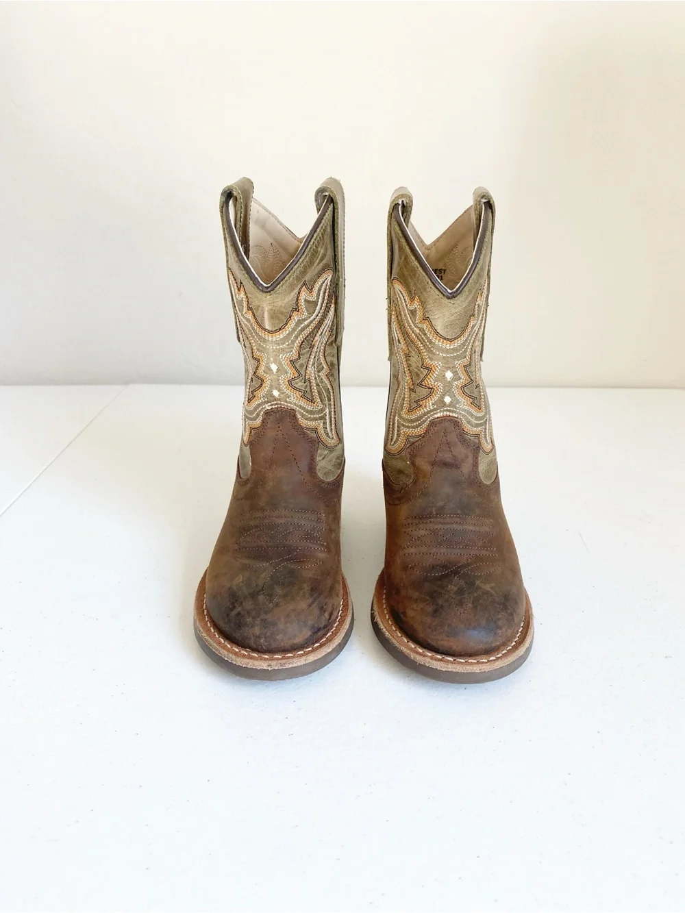 Old West Kids Broad Round Toe Leather Western Boots Tan Olive Size 8.5D
